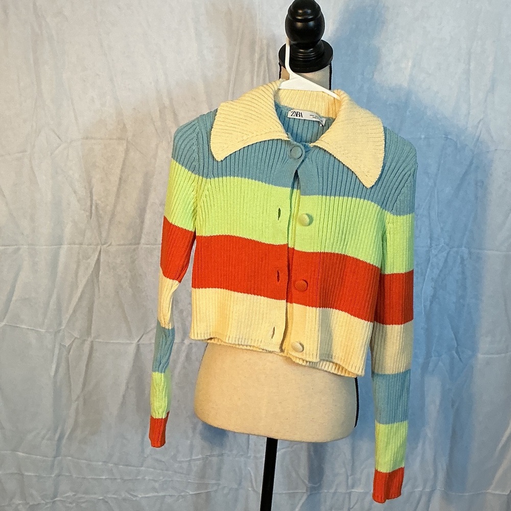 Zara Retro Rainbow Cropped Cardigan Y2K Colorblock Sweater Size S